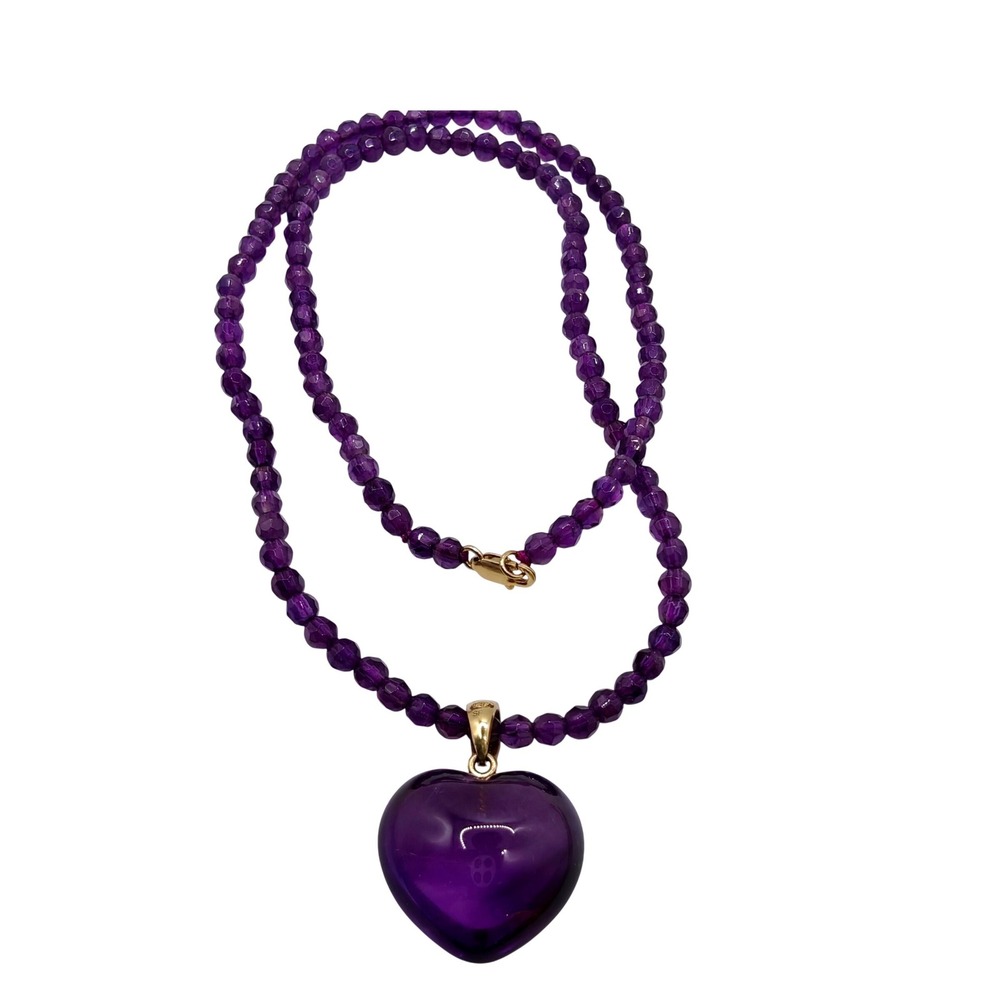 Vintage Amethyst 14k Gold Heart Pendant Necklace Faceted Bead Designer Signed SF